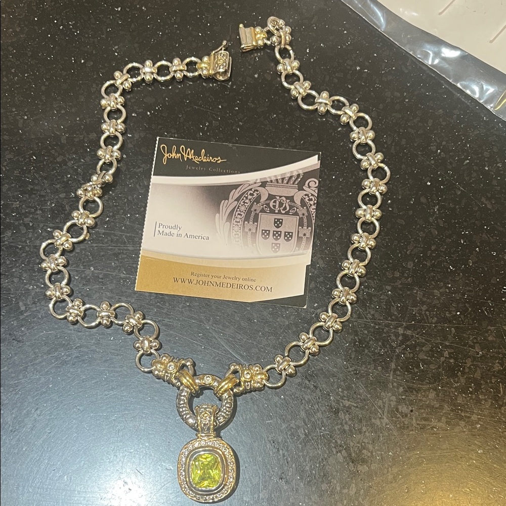 John Medeiros Silver and Gold Necklace with Green Pendant